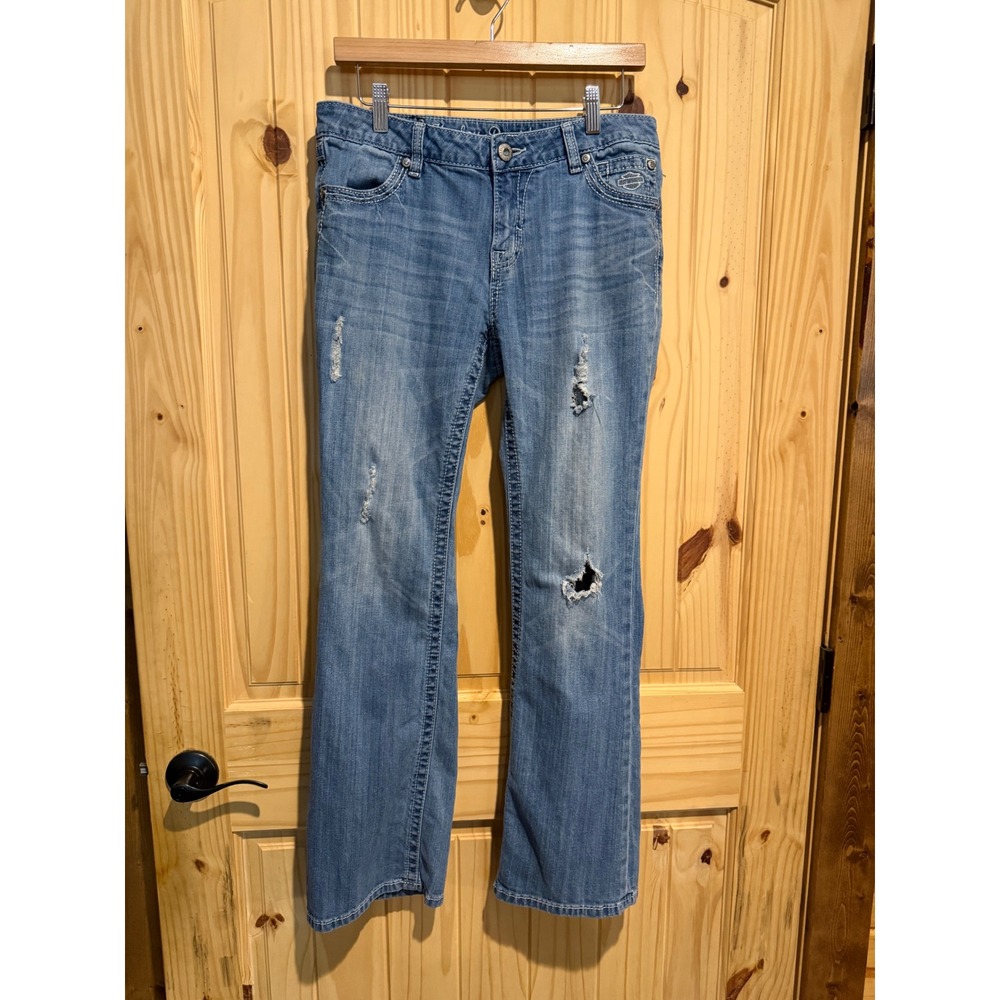 Harley-Davidson Womens Distressed Bootcut Jeans Blue Embellished Pocket Size 10